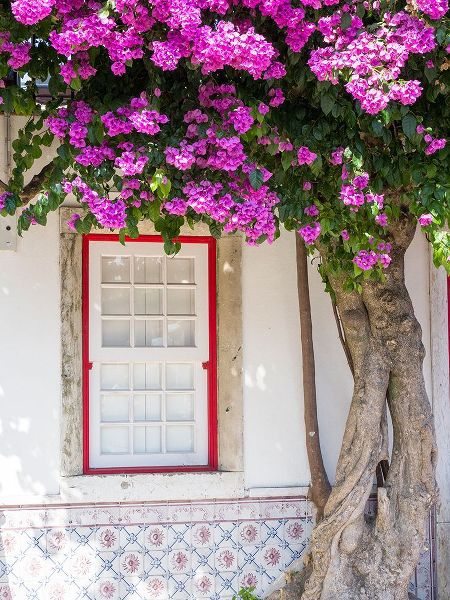 Eggers, Julie 아티스트의 Portugal-Lisbon-Pink flowers of Bougainvillea plant and historical building next to Miradouro de Sa작품입니다.